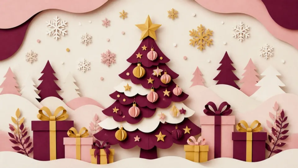Paper-cut illustration of a decorated Christmas tree surrounded by wrapped presents