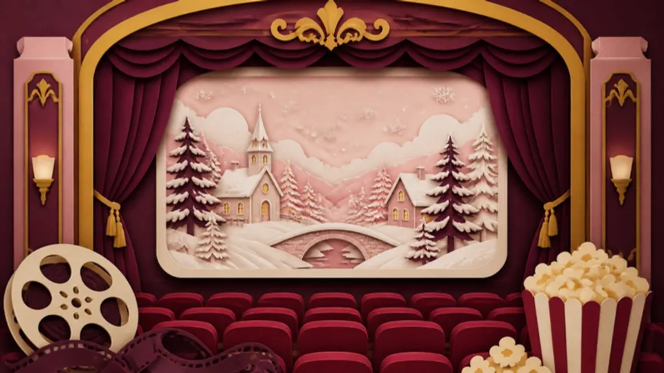 Paper-cut illustration of a cinema screen showing a snowy village, with popcorn and a film reel