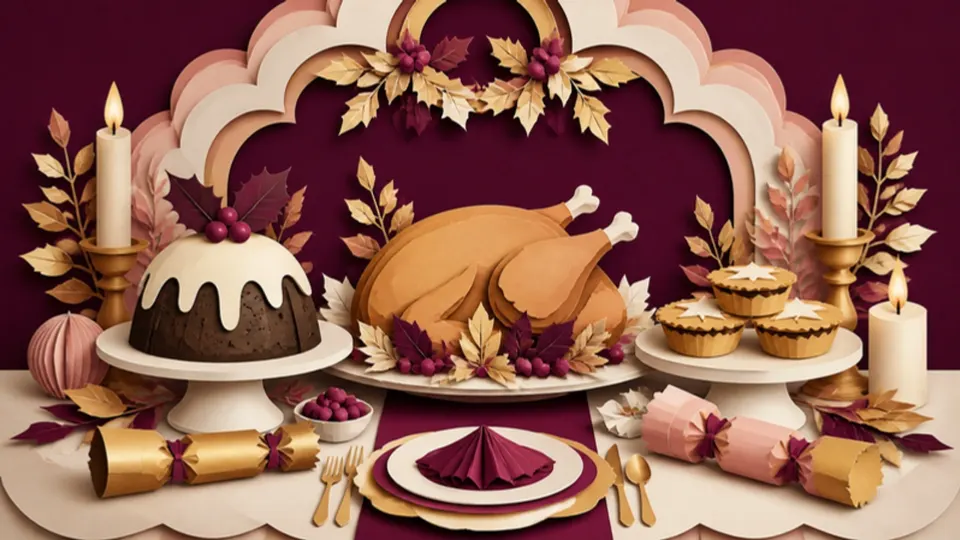 Paper-cut illustration of a festive table with a roast bird, pudding and mince pies