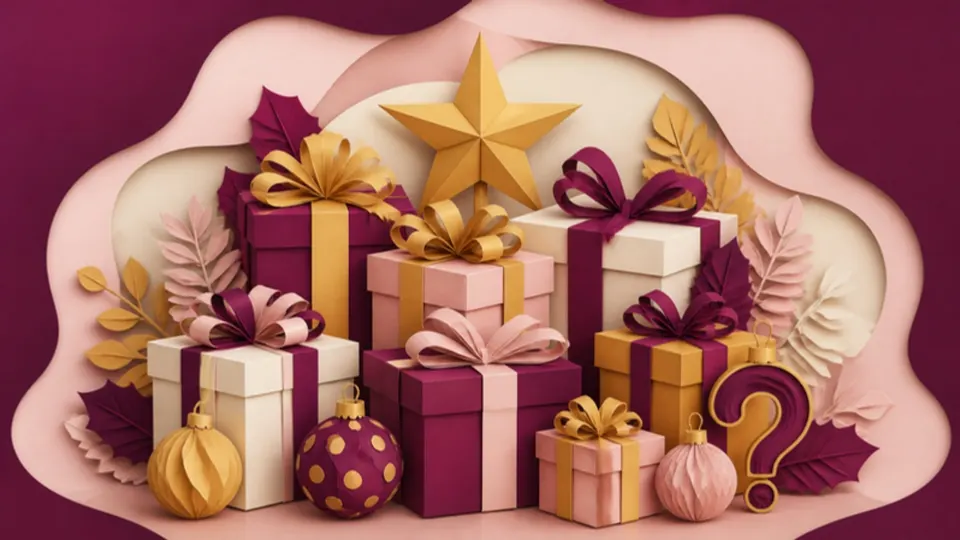 Paper-cut illustration of a pile of wrapped Christmas presents and baubles