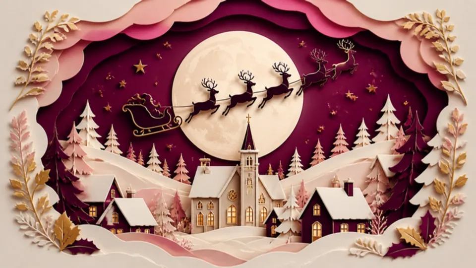 Paper-cut illustration of a sleigh and reindeer crossing a full moon above snowy rooftops