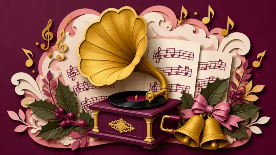 Paper-cut illustration of a gramophone, sheet music and golden bells