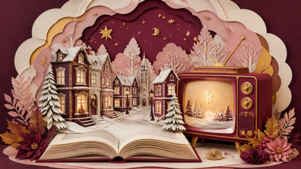 Paper-cut illustration of an open storybook with a snowy street rising from its pages beside a retro TV
