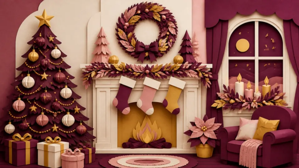 Paper-cut illustration of stockings hung by a fireplace beside a decorated tree