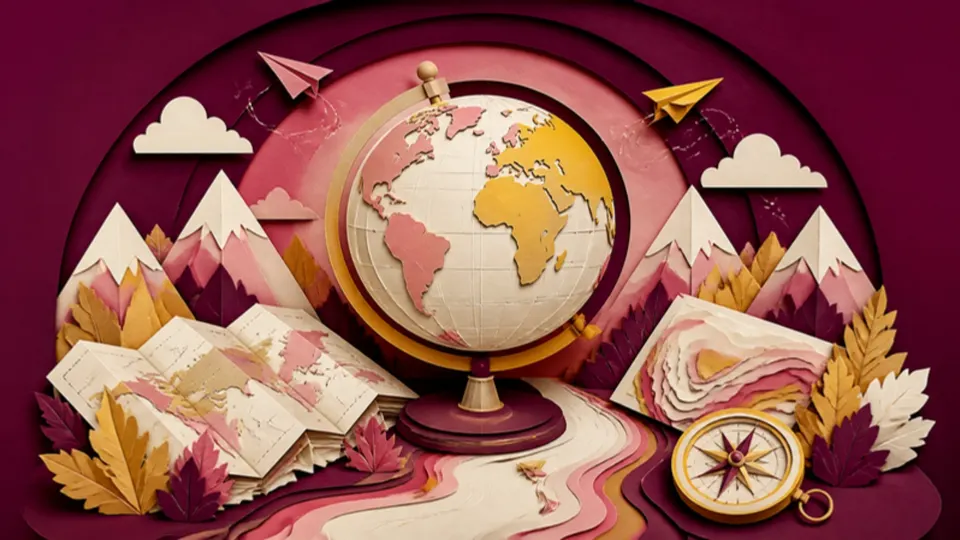 Paper-cut illustration of a vintage globe surrounded by maps, mountains, a compass and paper airplanes