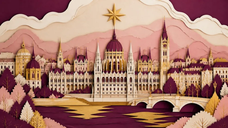 Paper-cut illustration of a grand riverside city skyline with domes and spires under a gold star