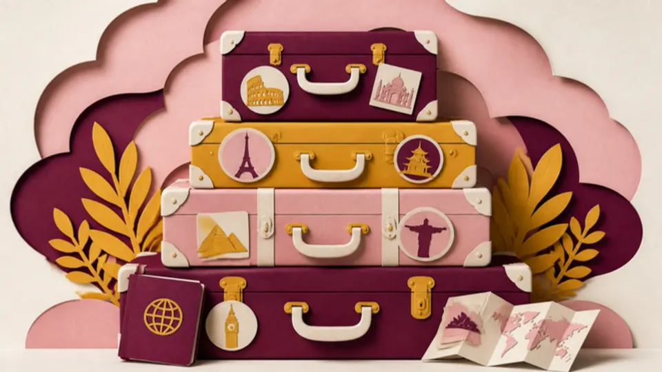 Paper-cut illustration of a stack of vintage suitcases covered in travel stickers