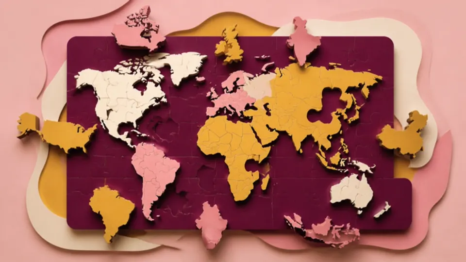 Paper-cut illustration of a world map made of separate cut-out pieces