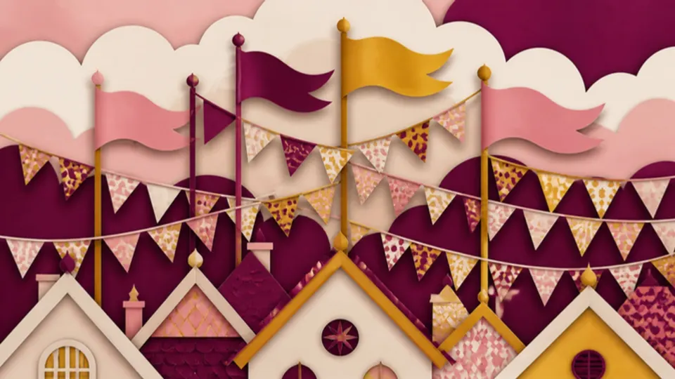 Paper-cut illustration of colorful bunting and pennants flying over rooftops