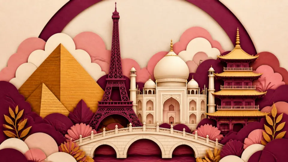 Paper-cut illustration of famous landmarks grouped together, including a pyramid, a lattice tower and a domed palace