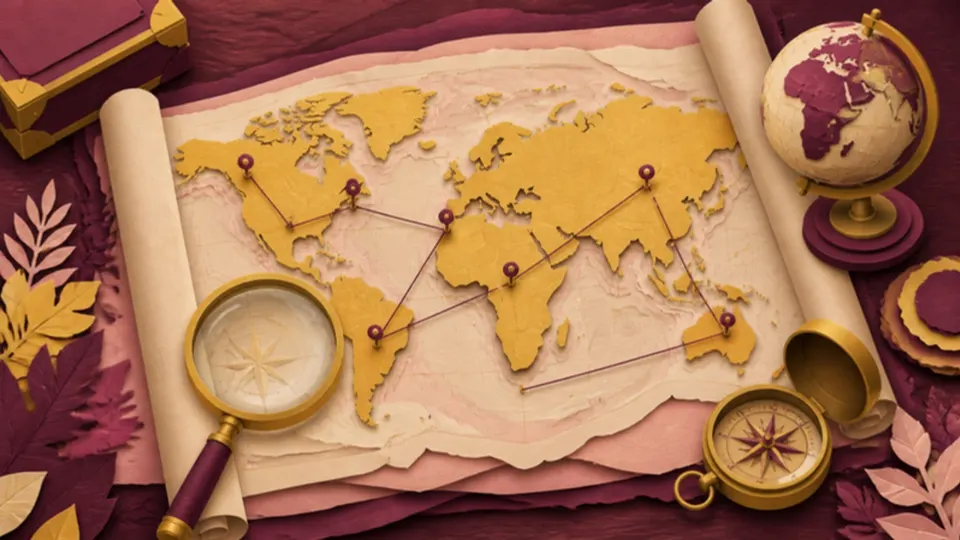 Paper-cut illustration of an explorer's table with a world map, magnifying glass, compass and globe