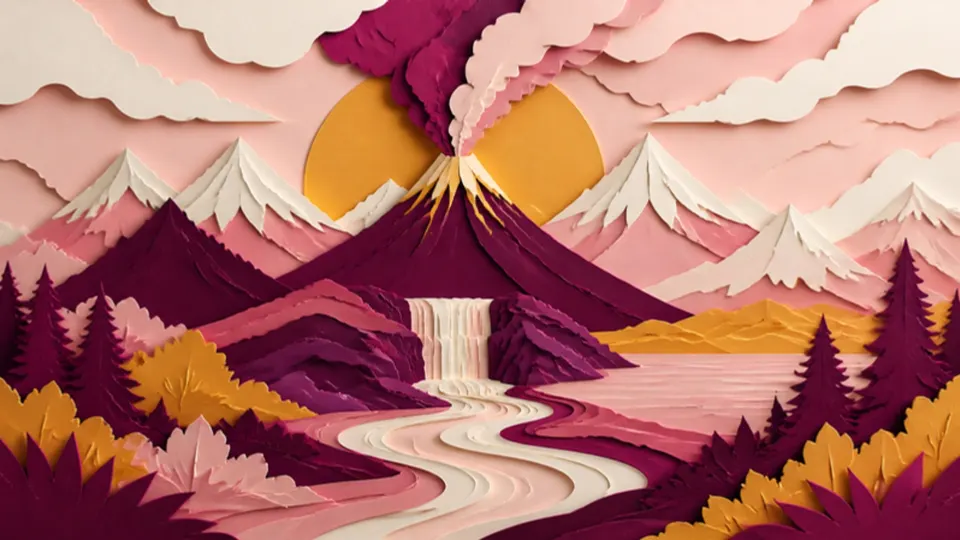 Paper-cut illustration of mountains, a smoking volcano and a waterfall feeding a winding river