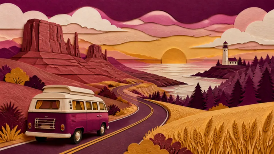 Paper-cut illustration of a road trip from desert mesas to a coastal lighthouse with a camper van