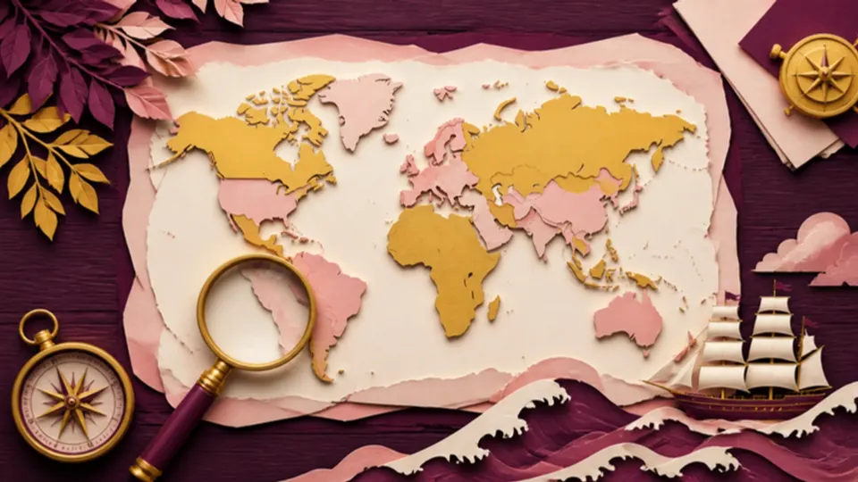 Paper-cut illustration of a world map on a desk with a magnifying glass, compass and a sailing ship