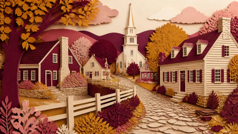 Paper-cut illustration of an early American colonial village with a white church steeple