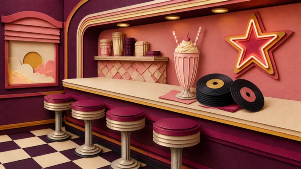 Paper-cut illustration of a 1950s diner counter with a milkshake, 45 rpm records and a neon star