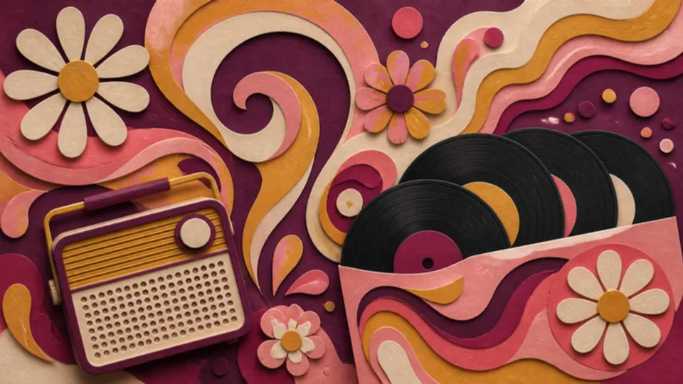 Paper-cut illustration of 1960s flower-power swirls, daisies, a transistor radio and vinyl LPs