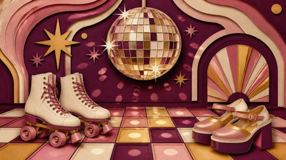 Paper-cut illustration of a disco dance floor with a mirror ball, roller skates and platform shoes
