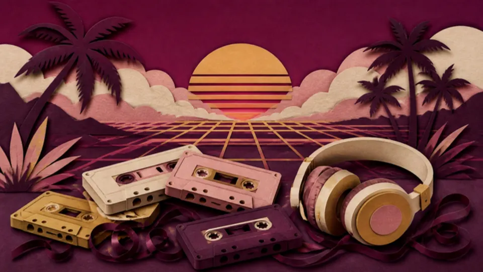 Paper-cut illustration of an 1980s neon sunset with palm trees, cassette tapes and headphones