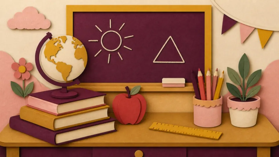 Paper-cut illustration of a classroom desk with books, a globe, an apple and a chalkboard