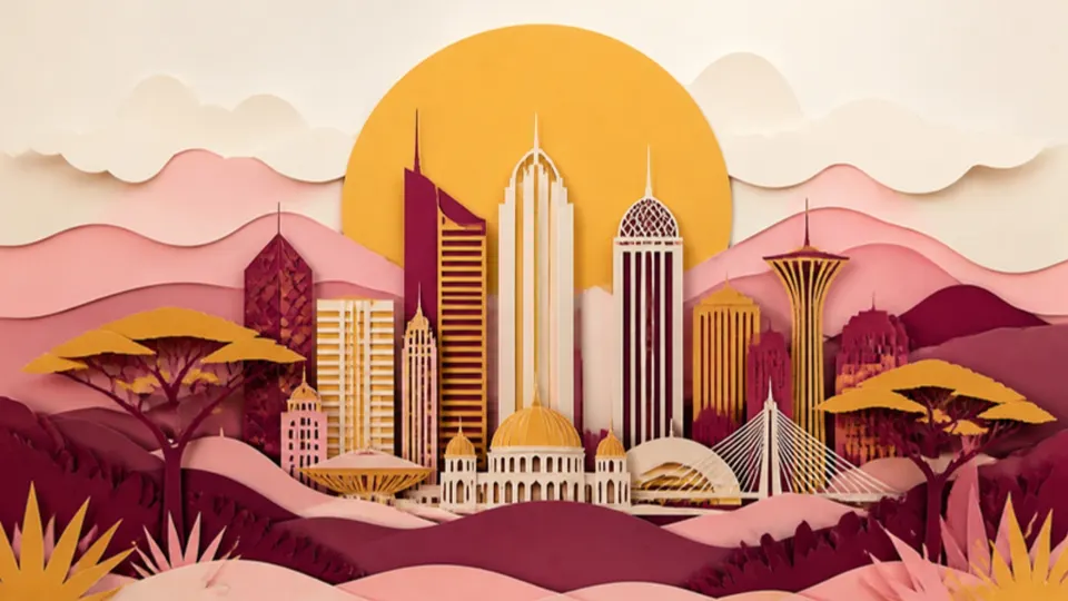 Paper-cut illustration of a city skyline with towers and domes under a big sun, framed by acacia trees