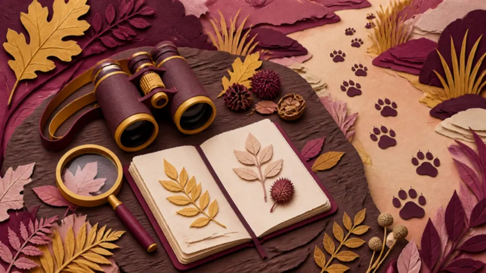Paper-cut illustration of a naturalist's desk with binoculars, a magnifying glass, leaves and paw prints