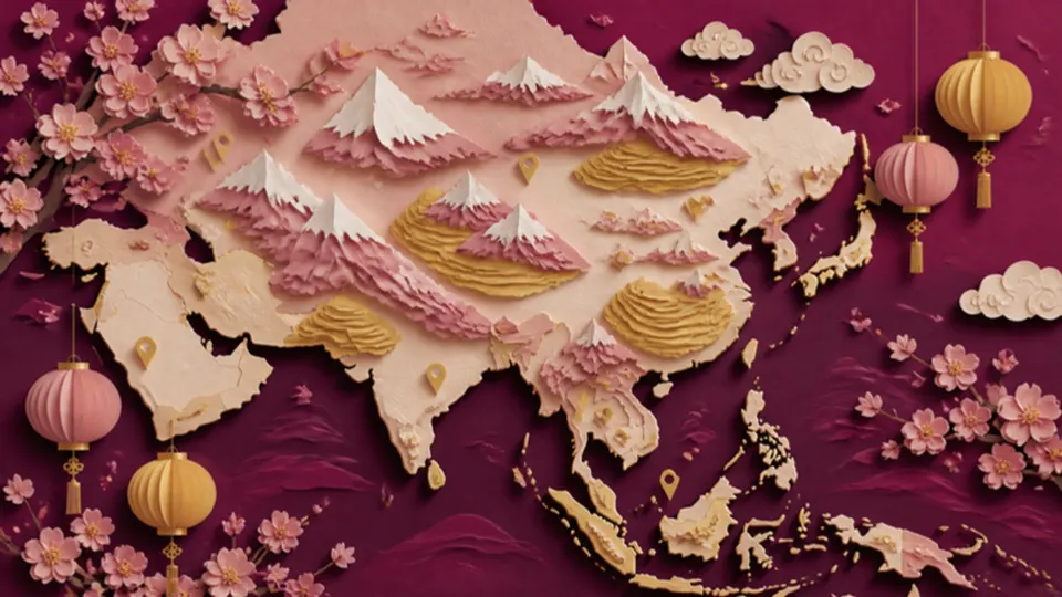 Paper-cut illustration of a map of Asia with snowy peaks, blossom branches and paper lanterns