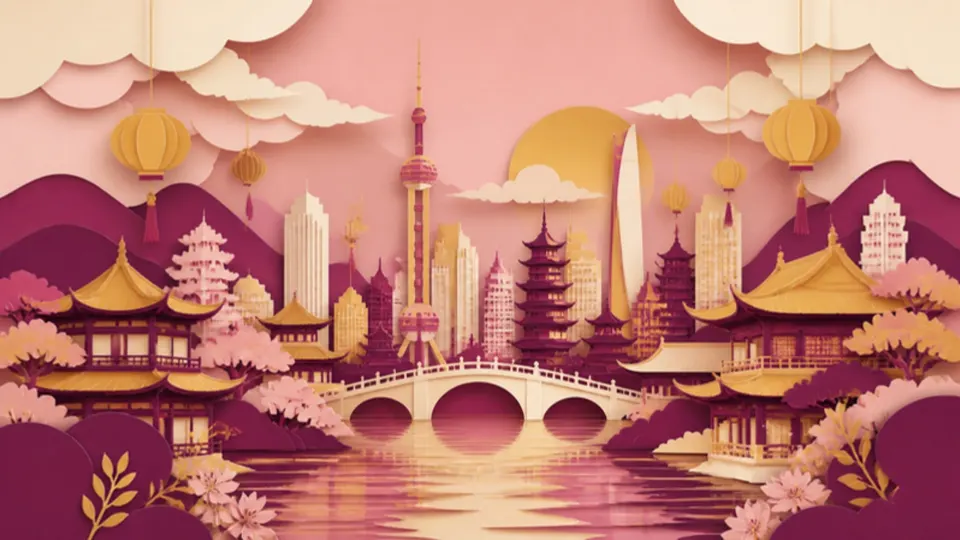 Paper-cut illustration of a city skyline with towers, temple roofs and an arched bridge at dusk