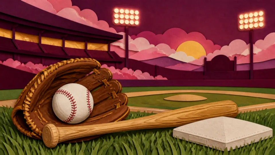 Paper-cut illustration of a baseball, glove and bat on the grass of a ballpark at dusk