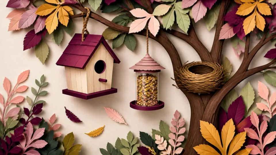 Paper-cut illustration of a birdhouse, a seed feeder and an empty nest in a leafy tree