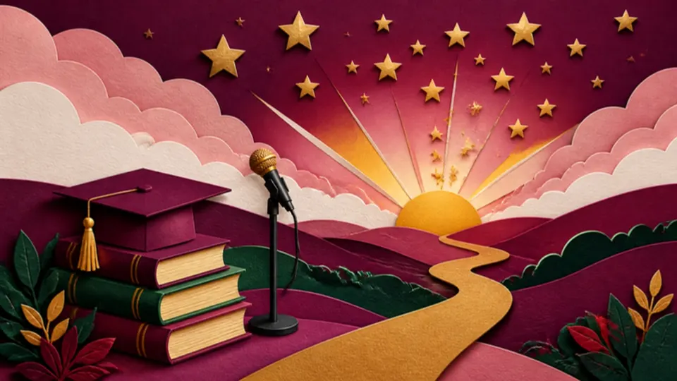 Paper-cut illustration of a sunrise over hills with a road leading forward, books, a graduation cap and a microphone