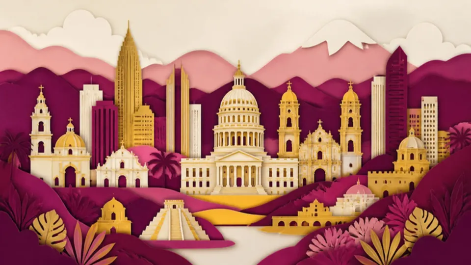 Paper-cut illustration of a city skyline with a domed capitol, church towers and mountains