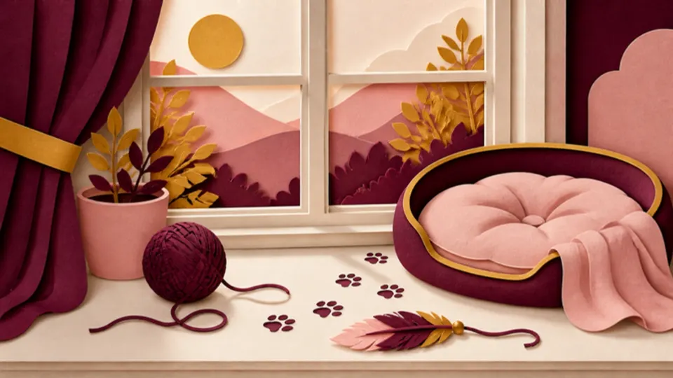 Paper-cut illustration of a sunny windowsill with a ball of yarn, a pet bed, a feather toy and paw prints