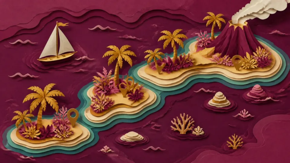 Paper-cut illustration of tropical islands with palm trees, a sailboat and a volcano