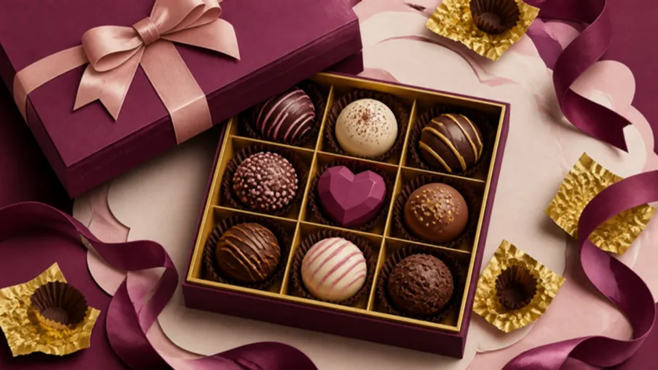 Paper-cut illustration of an open gift box of chocolate truffles with a satin ribbon and gold wrappers