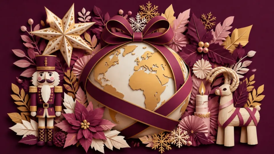 Paper-cut illustration of a globe tied with ribbon among festive decorations