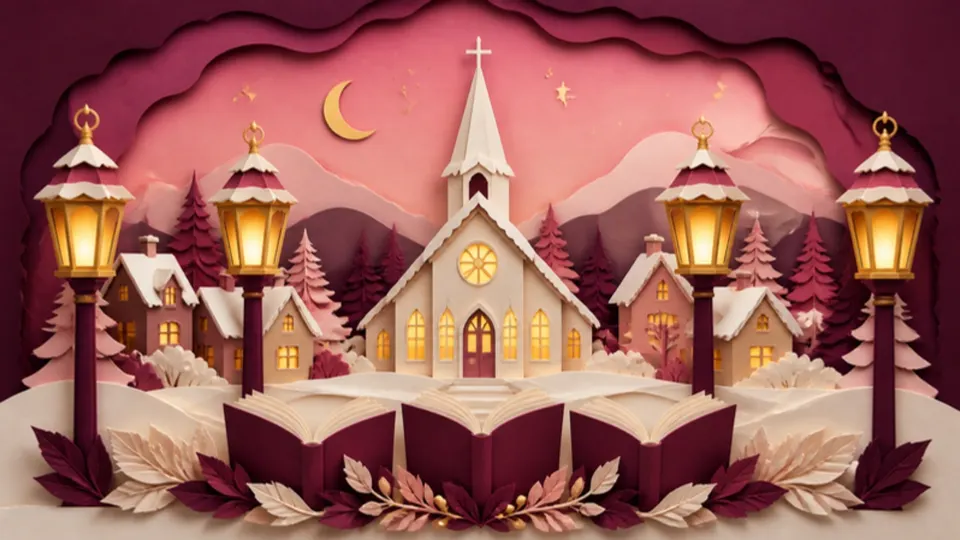 Paper-cut illustration of lanterns and open songbooks in front of a snowy village church
