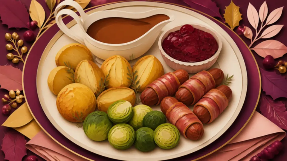 Paper-cut illustration of a plate of roast potatoes, sprouts, pigs in blankets and gravy