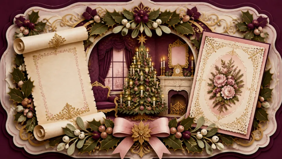 Paper-cut illustration of a Victorian parlour with a candle-lit tree, a scroll and an old greetings card
