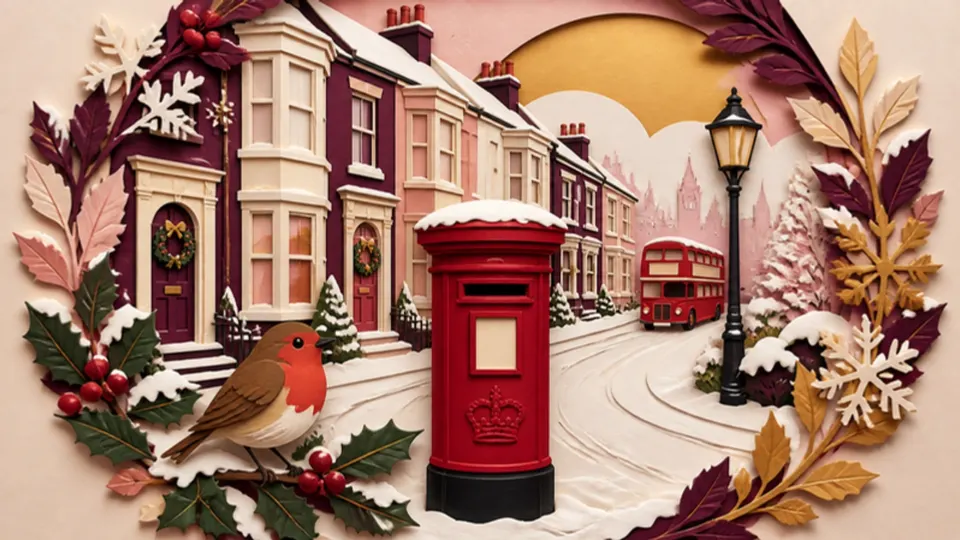 Paper-cut illustration of a snowy street with a red post box, a robin and terraced houses