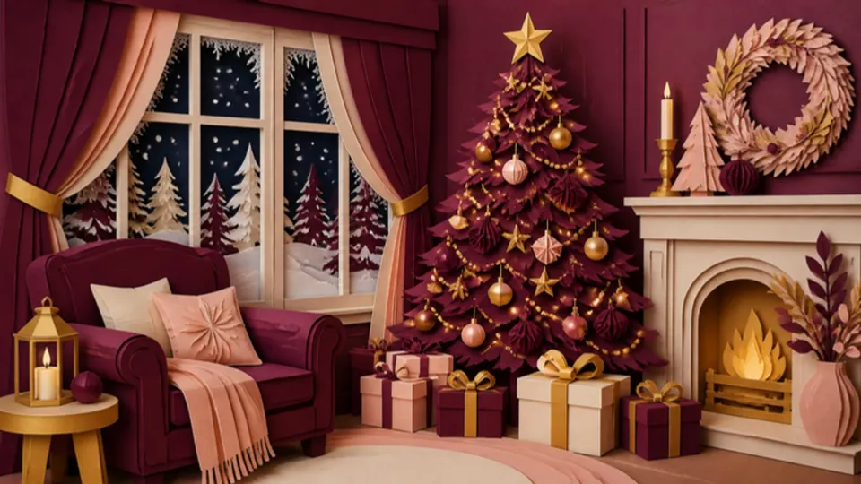 Paper-cut illustration of a cozy living room at night with a decorated tree, wrapped gifts and a snowy window