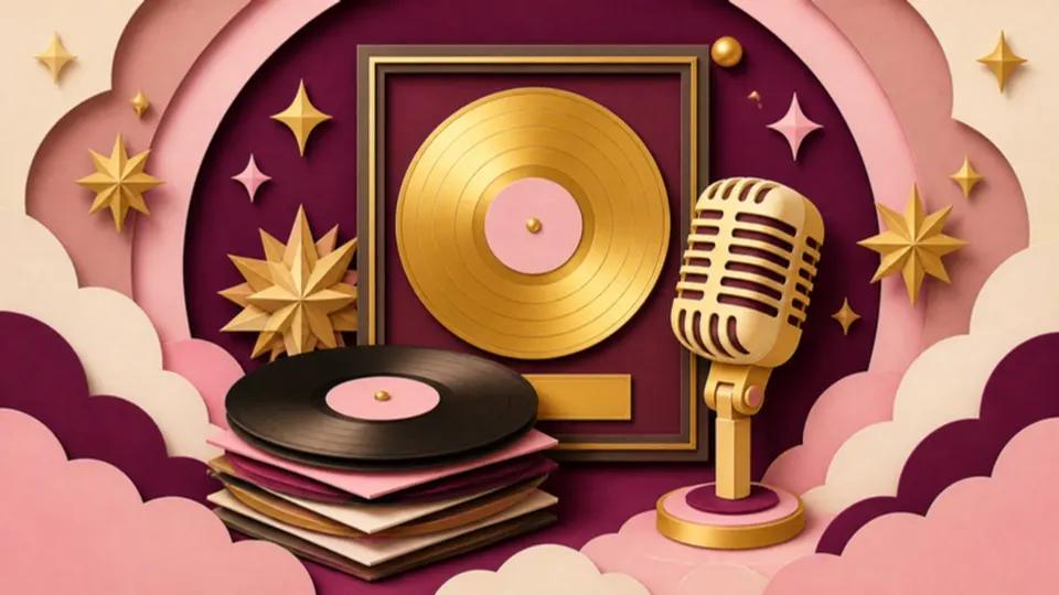 Paper-cut illustration of vinyl records, a gold disc and a vintage microphone
