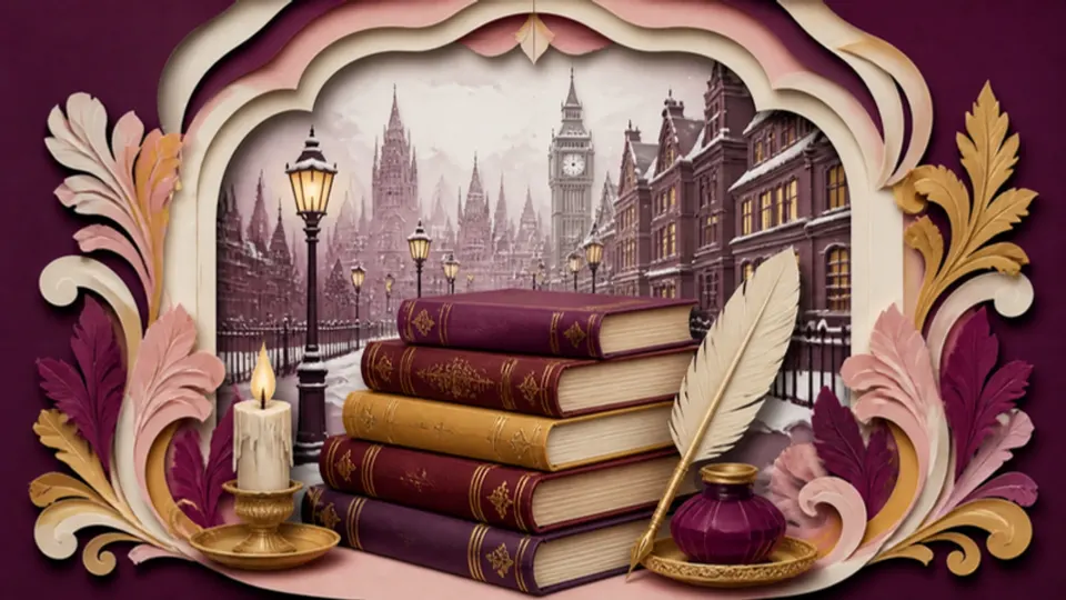 Paper-cut illustration of old storybooks, a quill and candle in front of a snowy Victorian street
