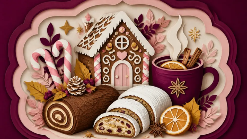Paper-cut illustration of a gingerbread house, candy canes, a yule log and a mug of mulled wine