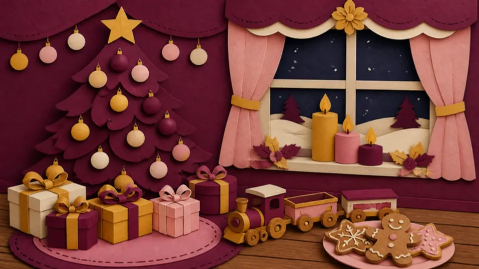 Paper-cut illustration of a decorated Christmas tree, presents, a toy train and gingerbread cookies