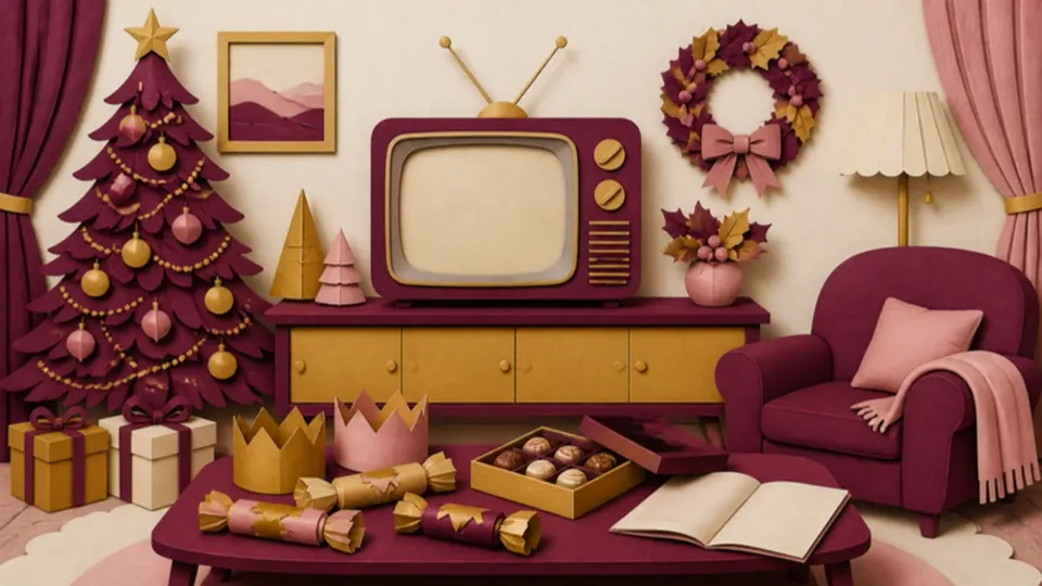 Paper-cut illustration of a living room with a retro television, paper crowns and crackers