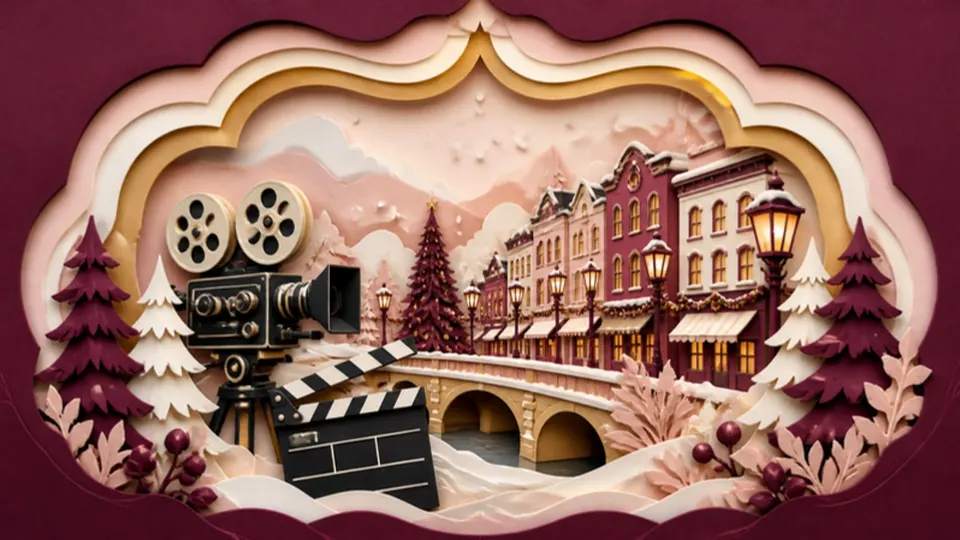 Paper-cut illustration of a vintage film camera and clapperboard by a snowy small-town street