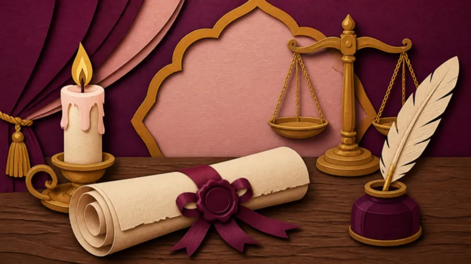 Paper-cut illustration of a parchment scroll with a wax seal, a quill pen, a candle and a balance scale