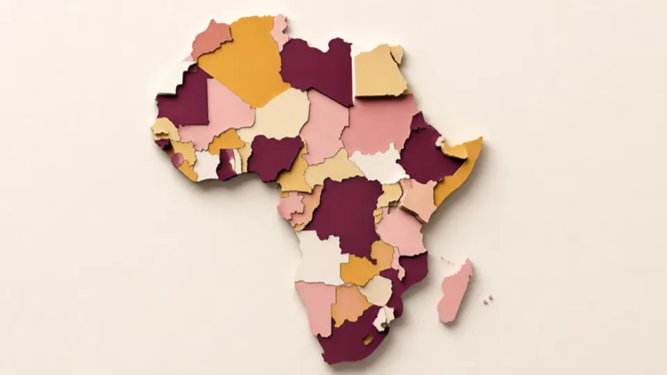 Paper-cut map of a continent made from countries in plum, gold and pink