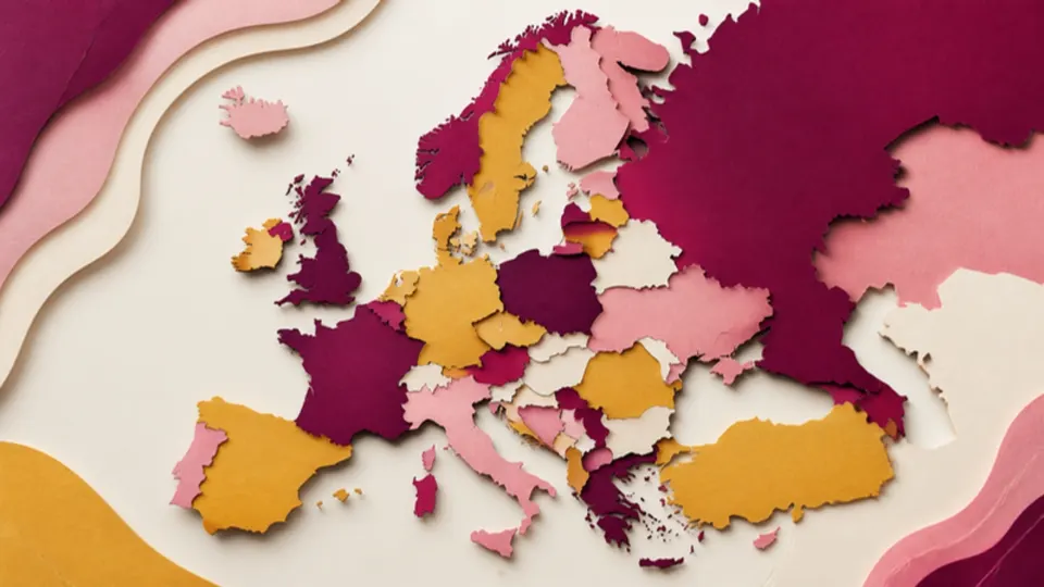 Paper-cut illustration of a map of Europe made of separate cut-out pieces